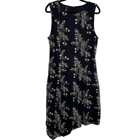 VTG 90s Alfani Black White Floral Design Asymmetric Hem Dress Whimsigoth Sz16 - Picture 1 of 9